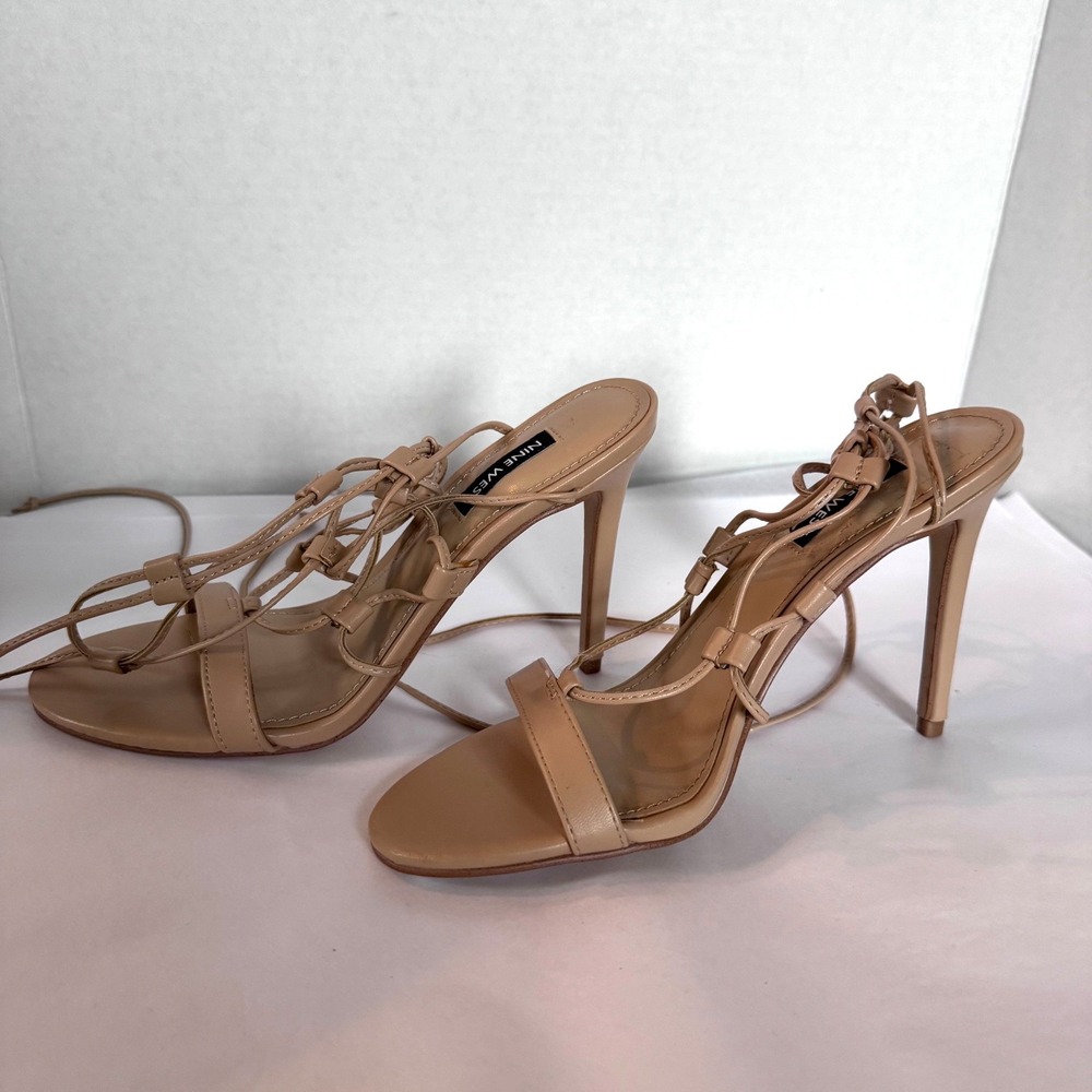 Nine West Beige Lace Up Stiletto Sandals Caged Strappy Heels 7.5M Nude Prom Chic